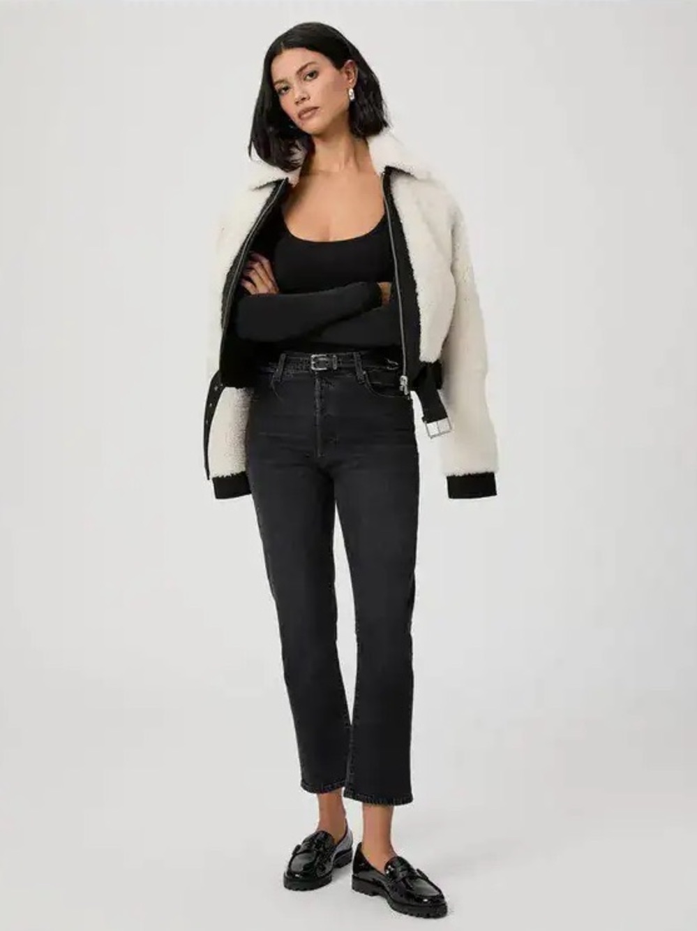 Paige Billy High Waist Crop Straight Leg Button Fly Jeans in Solar Black Size 26